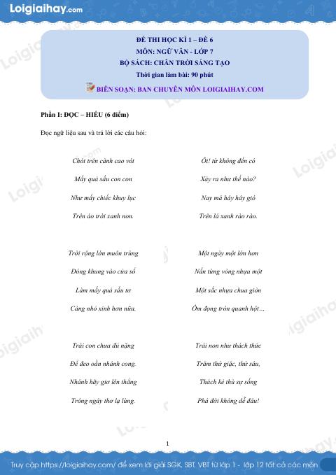 Đề thi học kì 1 Văn 7 Chân trời sáng tạo - Đề số 6